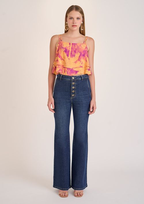Calça Zinco Straight Flare Cós Alto Com Botão Jeans