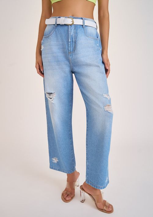 Calça Zinco Reta Cós Alto Com Cinto Jeans