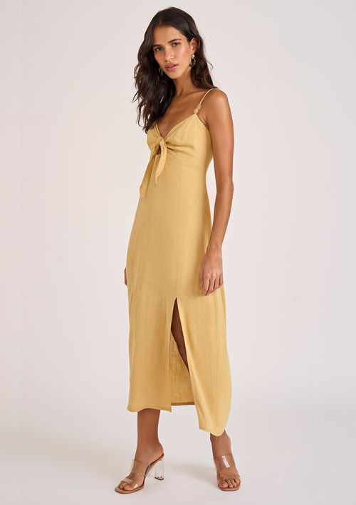 Vestido Zinco Solto Decote V Sem Manga Midi Bege