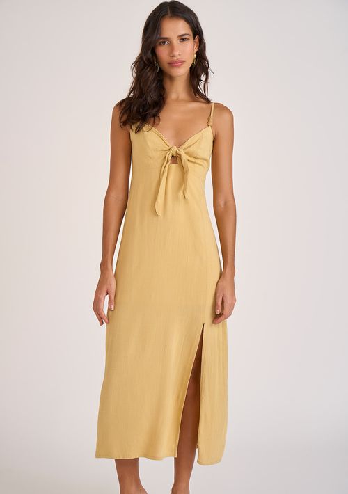 Vestido Zinco Solto Decote V Sem Manga Midi Bege