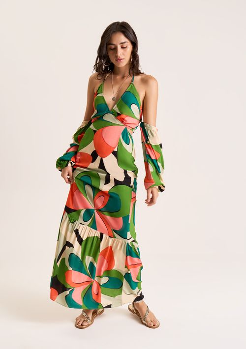 Vestido Zinco Longo Decote V Com Amarração Verde