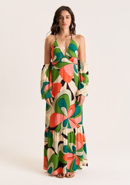 Vestido Zinco Longo Decote V Com Amarração Verde