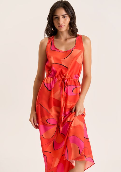Vestido Zinco Midi Decote Redondo Com Canaleta Laranja