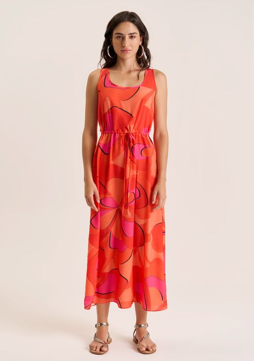 Vestido Zinco Midi Decote Redondo Com Canaleta Laranja