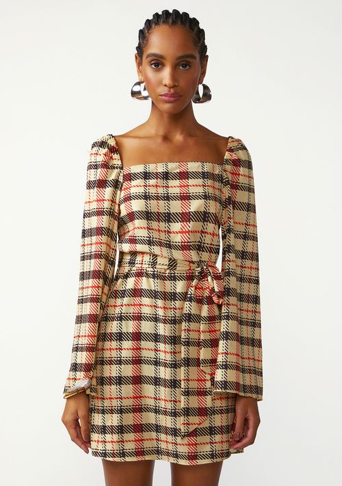 Vestido Zinco Solto Decote Reto Manga Longa Curto Amarelo