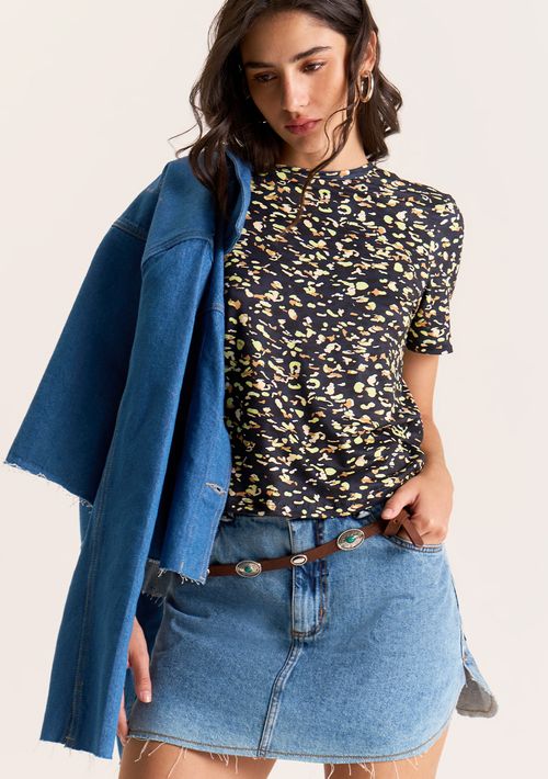Camiseta Zinco Solta Decote Careca Manga Curta Padrão Azul