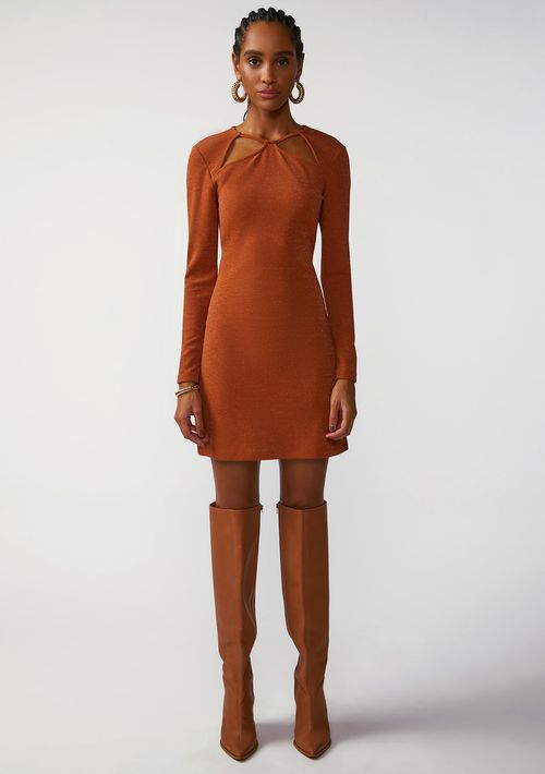 Vestido Zinco Ajustado Decote Careca Manga Longa Midi Marrom