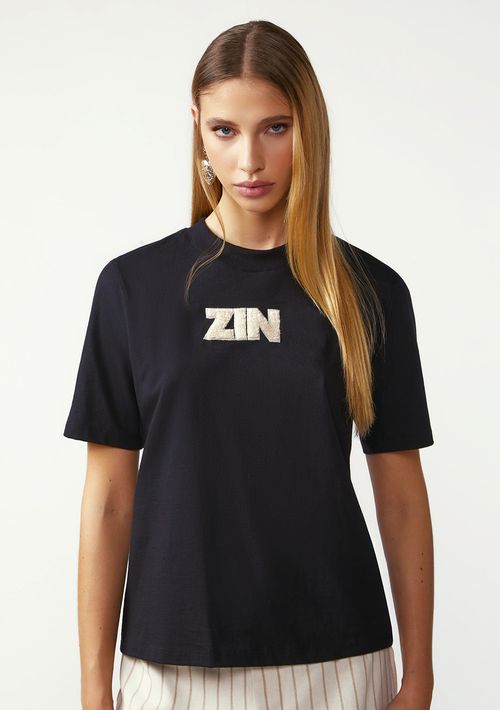 Camiseta Zinco Solta Decote Careca Manga Curta Padrão Preto