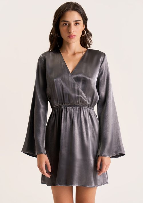 Vestido Zinco Solto Decote V Manga Longa Curto Preto