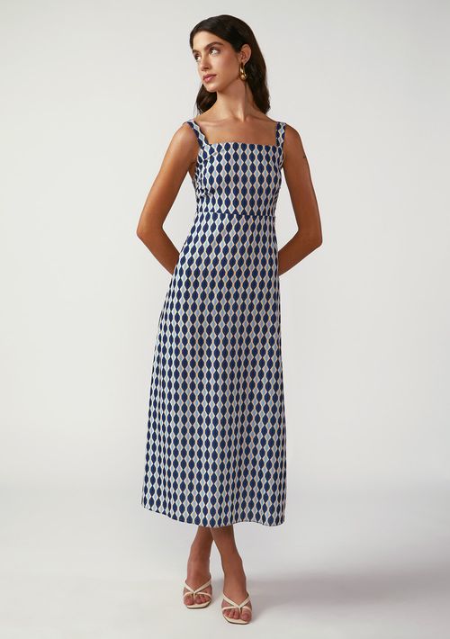 Vestido Zinco Solto Decote Reto Com Alça Midi Azul