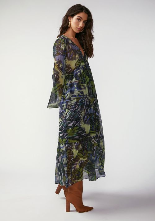 Vestido Zinco Solto Decote V Manga Longa Longo Verde