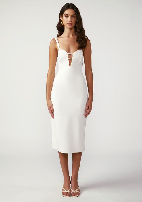 Vestido Zinco Ajustado Decote V Com Alça Midi Off White