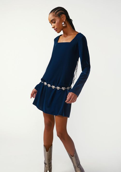 Vestido Zinco Ajustado Decote Reto Manga Longa Curto Azul