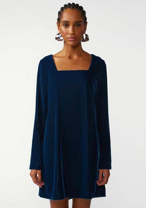 Vestido Zinco Ajustado Decote Reto Manga Longa Curto Azul