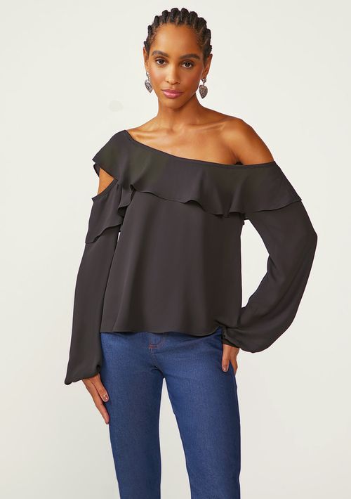 Blusa Zinco Solta Um Ombro Só Manga Longa Padrão Preto