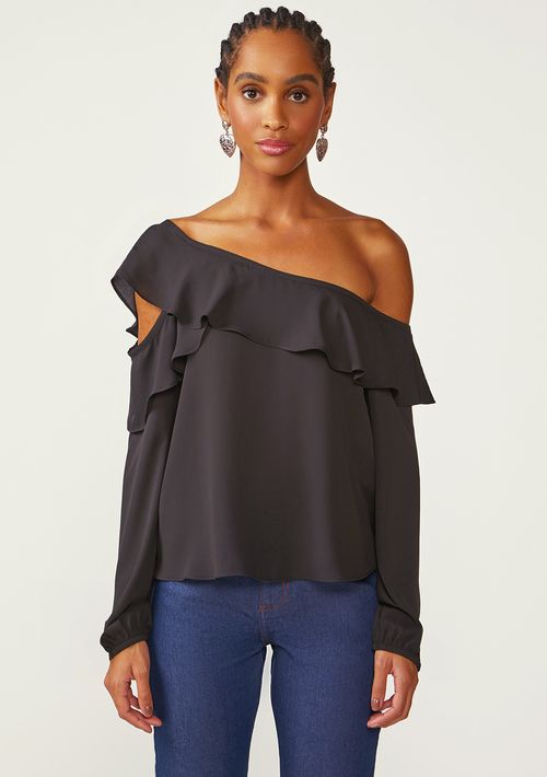 Blusa Zinco Solta Um Ombro Só Manga Longa Padrão Preto