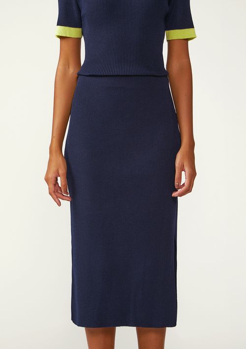 Saia Zinco Reta Alta Midi Azul Escuro