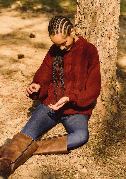 Blusa Zinco Oversized Decote Careca Manga Longa Padrão Bordo