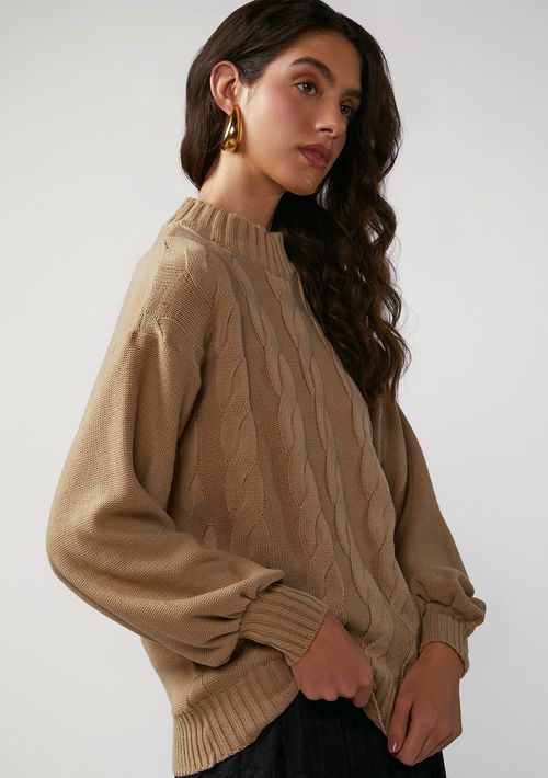 Blusa Zinco Oversized Decote Careca Manga Longa Padrão Bege
