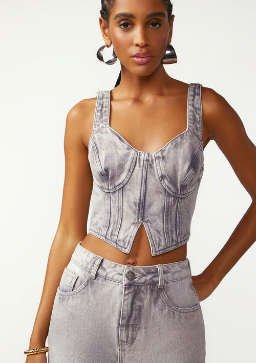 Top Zinco Decote V Alça Fina Cinza