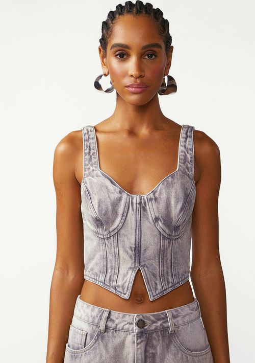 Top Zinco Decote V Alça Fina Cinza