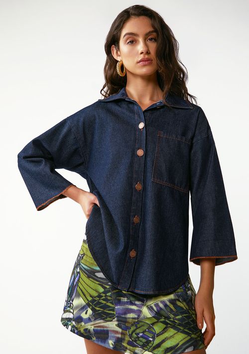 Camisa Zinco Oversized Gola Clássica Manga Curta Alongada Azul