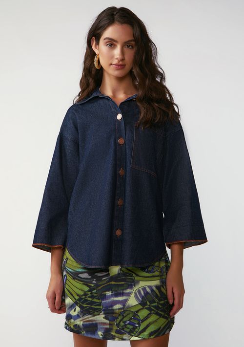 Camisa Zinco Oversized Gola Clássica Manga Curta Alongada Azul