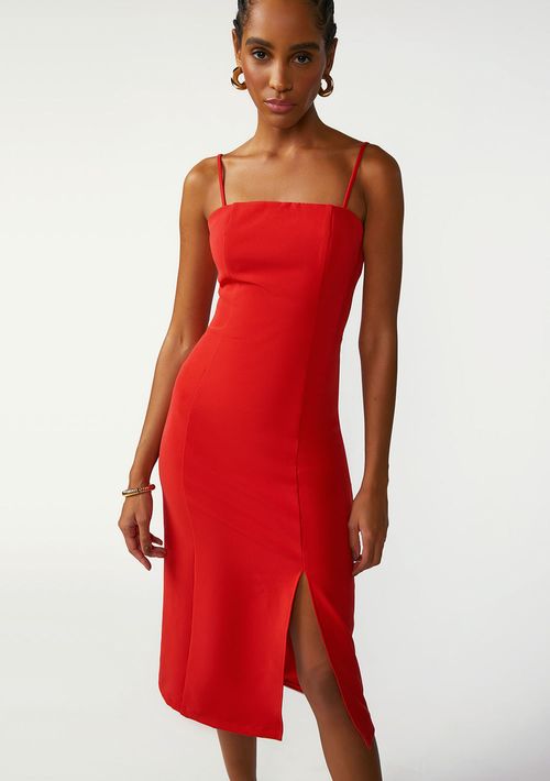Vestido Zinco Ajustado Decote Reto Sem Manga Midi Vermelho