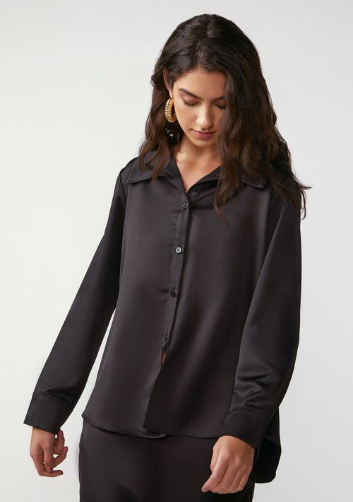 Camisa Zinco Solta Gola Clássica Manga Longa Padrão Preto