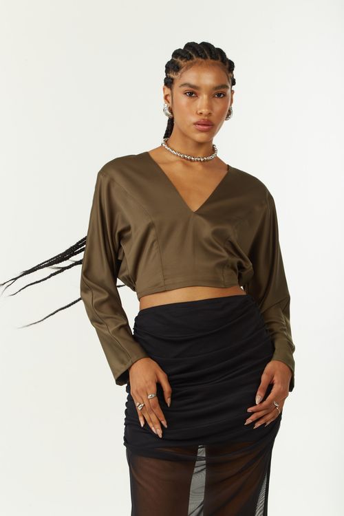 Blusa Zinco Ajustada Decote V Manga Longa Padrão Verde