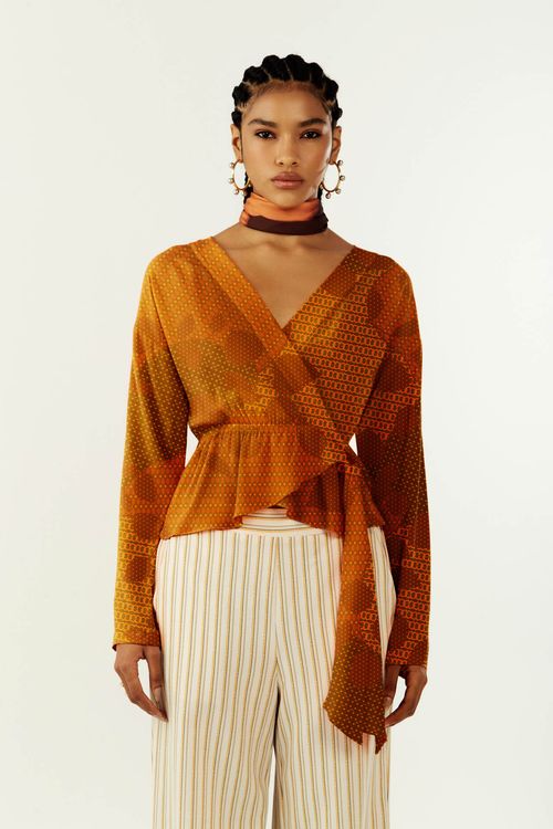 Blusa Zinco Ajustada Decote V Manga Longa Padrão Bordo