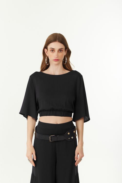 Blusa Zinco Solta Decote Careca Manga Curta Cropped Preto