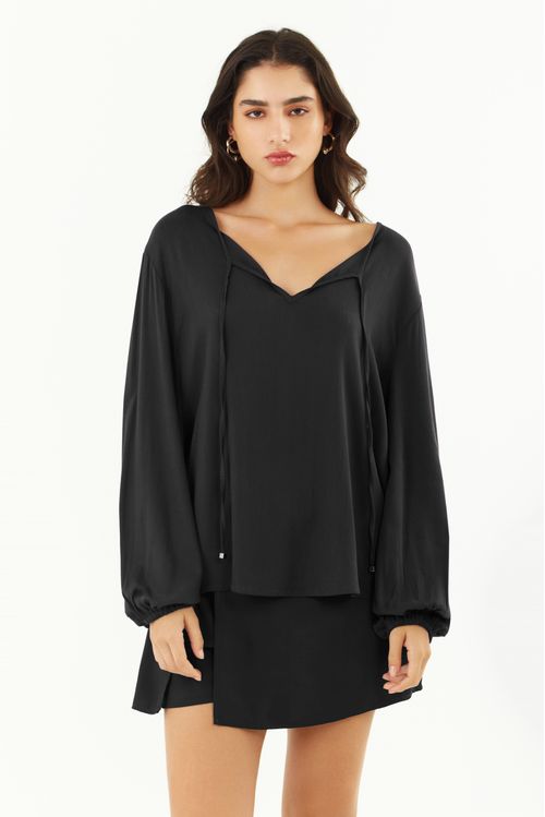 Blusa Zinco Solta Decote Careca Manga Longa Padrão Preto