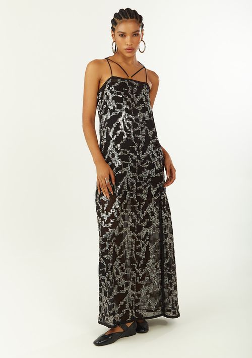 Vestido Zinco Solto Decote Reto Com Alça Longo Preto
