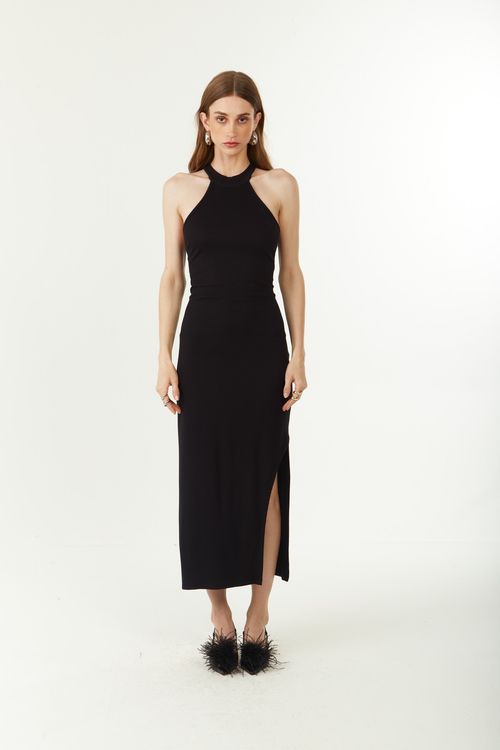 Vestido Zinco Ajustado Gola Alta Sem Manga Midi Preto