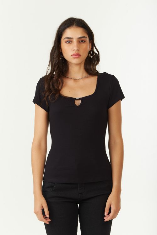 Blusa Zinco Ajustada Decote Reto Manga Curta Padrão Preto