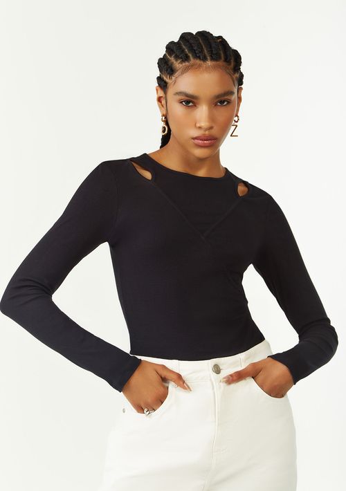 Blusa Zinco Ajustada Decote Careca Manga Longa Padrão Preto