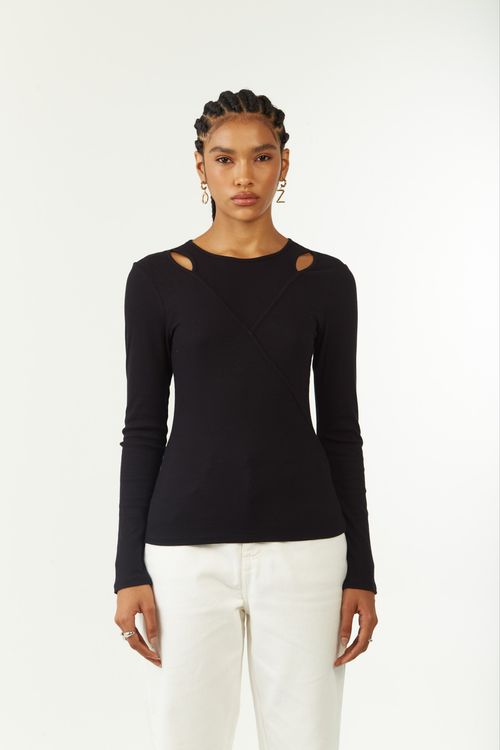 Blusa Zinco Ajustada Decote Careca Manga Longa Padrão Preto