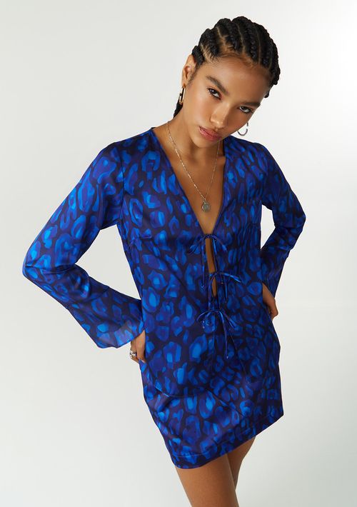 Blusa Zinco Solta Decote V Manga Longa Padrão Azul