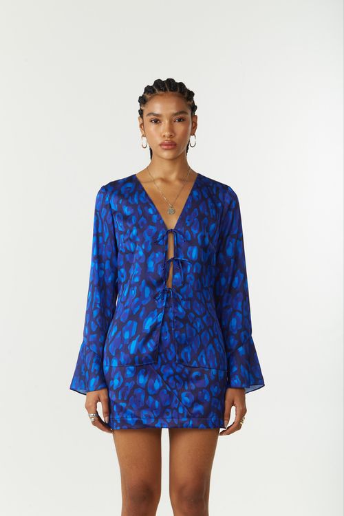 Blusa Zinco Solta Decote V Manga Longa Padrão Azul