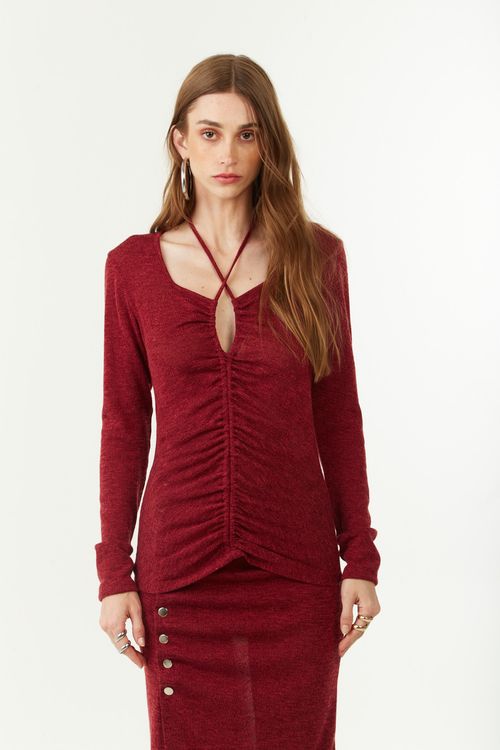 Blusa Zinco Ajustada Decote Reto Manga Longa Padrão Bordo