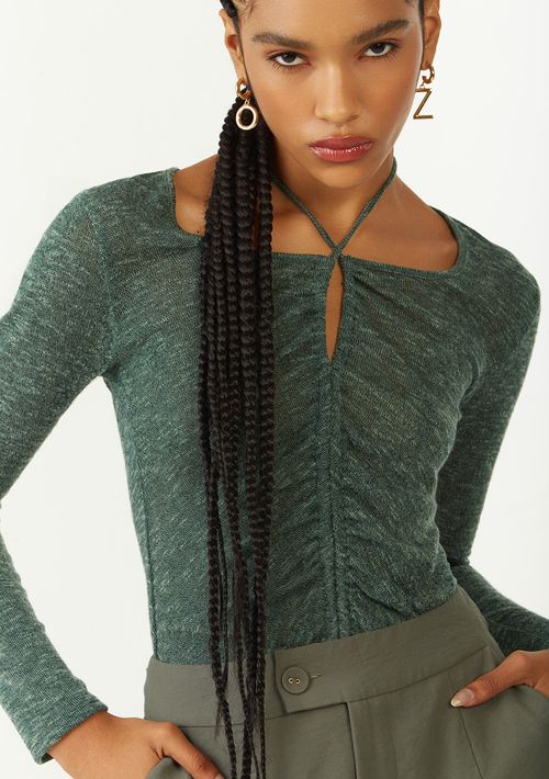 Blusa Zinco Ajustada Decote Reto Manga Longa Padrão Verde