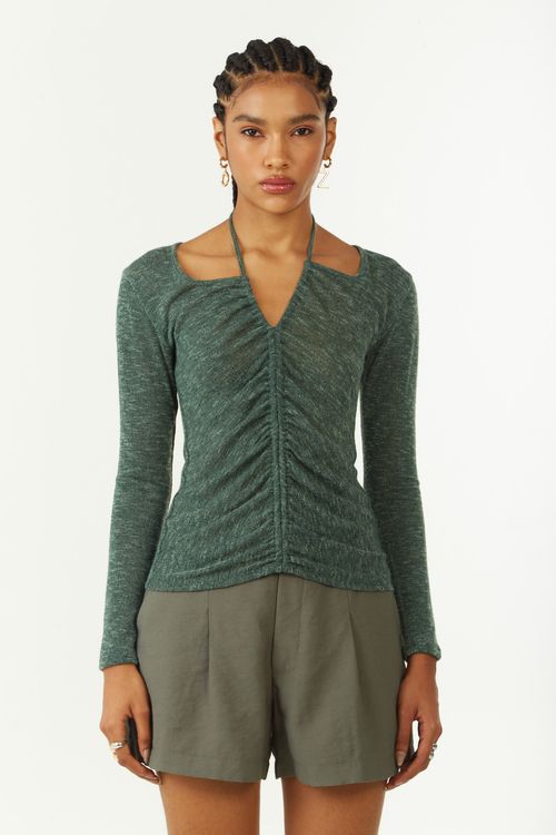 Blusa Zinco Ajustada Decote Reto Manga Longa Padrão Verde