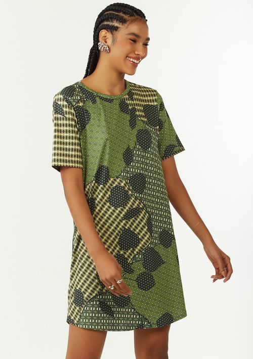 Vestido Zinco Solto Decote Careca Manga Curta Curto Verde
