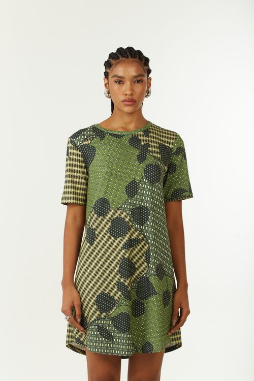 Vestido Zinco Solto Decote Careca Manga Curta Curto Verde