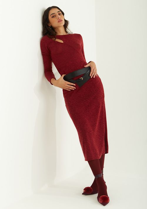 Vestido Zinco Ajustado Decote Careca Manga Longa Midi Bordo