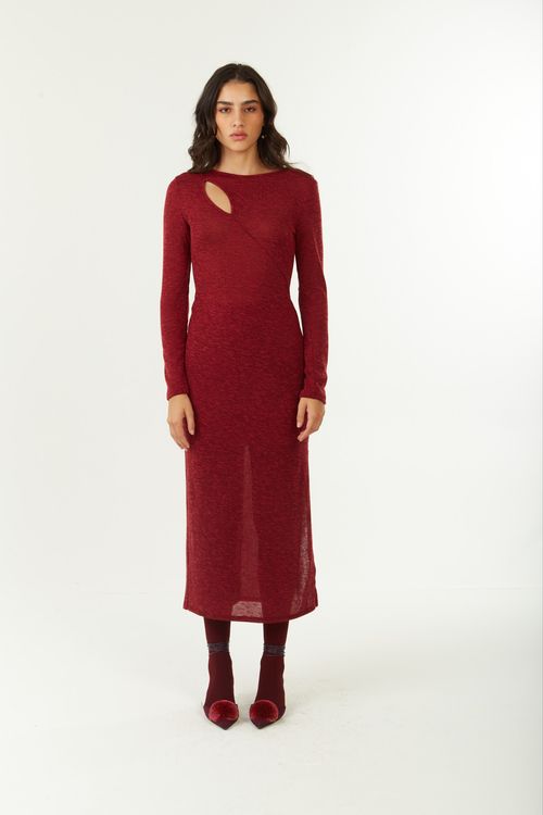 Vestido Zinco Ajustado Decote Careca Manga Longa Midi Bordo
