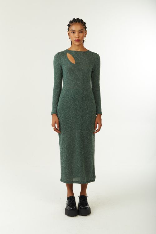 Vestido Zinco Ajustado Decote Careca Manga Longa Midi Verde