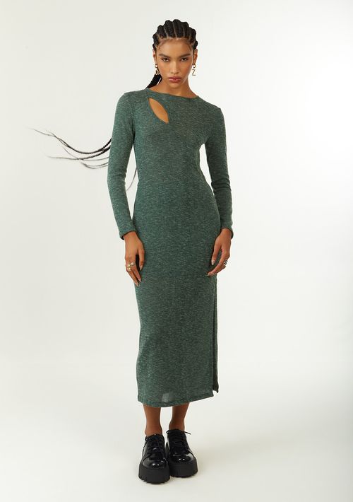 Vestido Zinco Ajustado Decote Careca Manga Longa Midi Verde