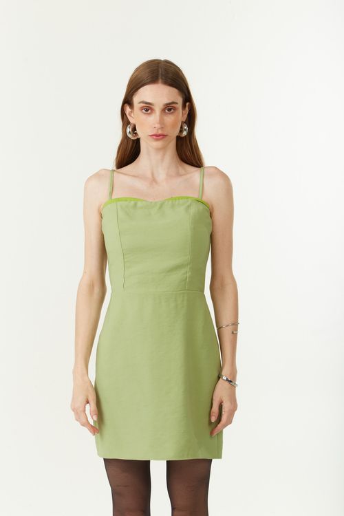 Vestido Zinco Ajustado Decote Reto Sem Manga Curto Verde